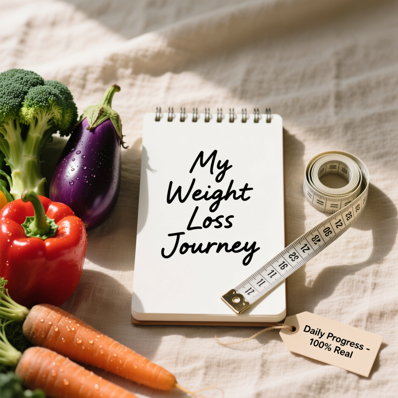 A flat lay composition featuring a notepad for goal setting, a measuring tape, and fresh vegetables, representing a comprehensive approach to weight loss.