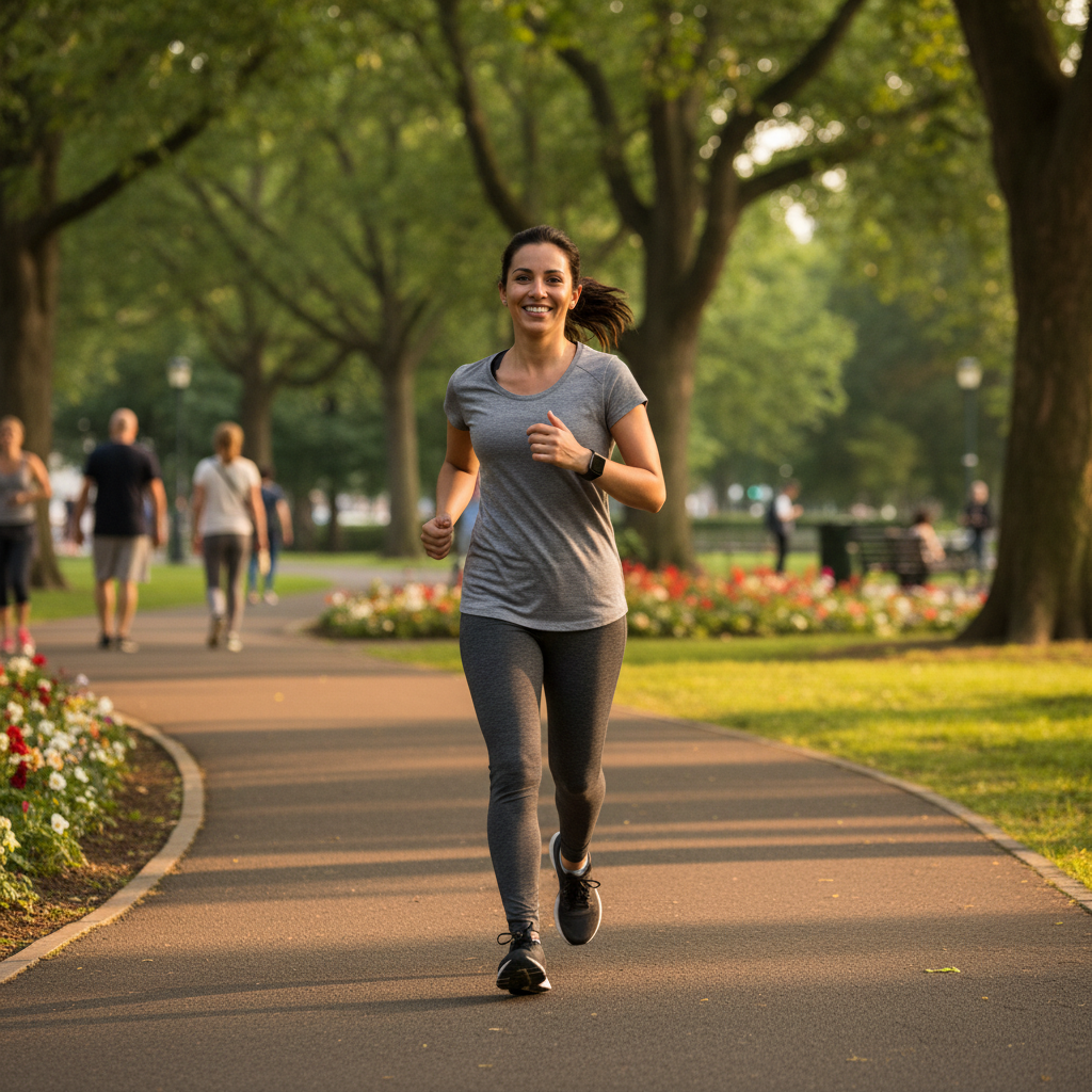 A smiling woman jogging through a park, demonstrating moderate-intensity cardiovascular exercise.