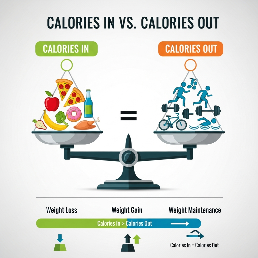 Infographic illustrating the calorie balance principle for weight loss.