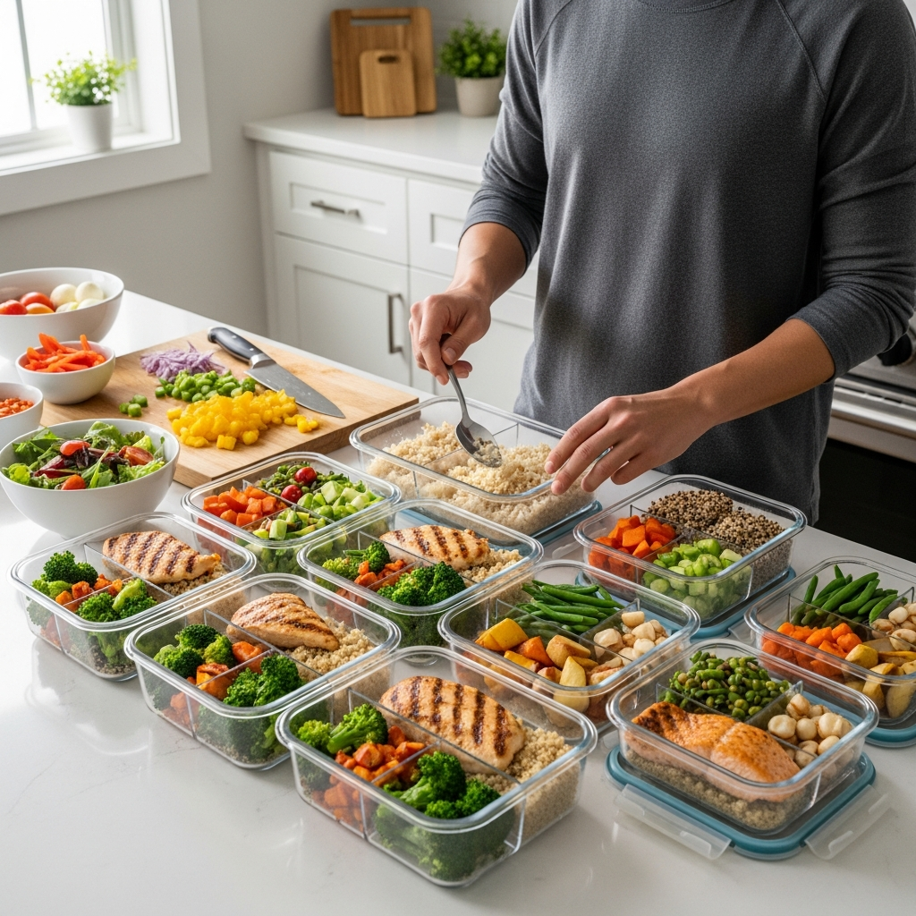 Person preparing weekly healthy meals for weight loss with food containers.