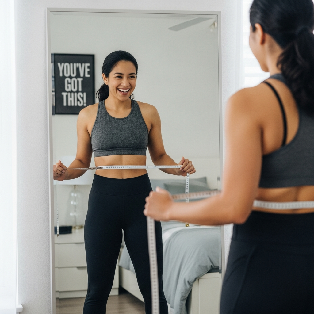 Happy person tracking their weight loss progress with a measuring tape.