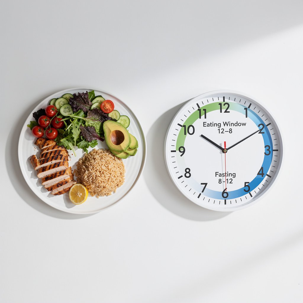 A plate of healthy food next to a clock illustrating the 16/8 intermittent fasting for beginners schedule.