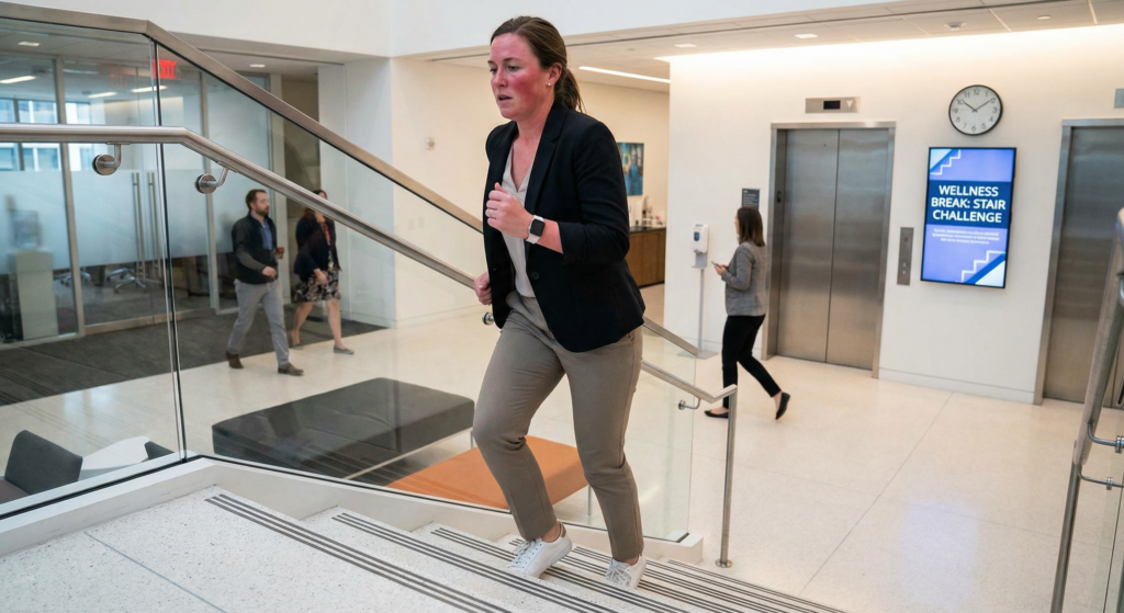 Woman performing stair climbing micro-workout during office break.