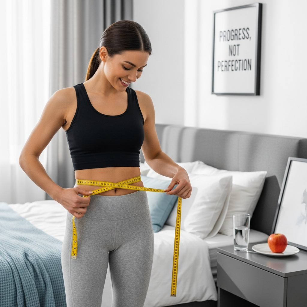 Woman measuring waist with tape measure showing weight loss progress